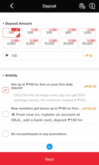 📌Step 2: Select a suitable deposit amount from the recommended amounts.