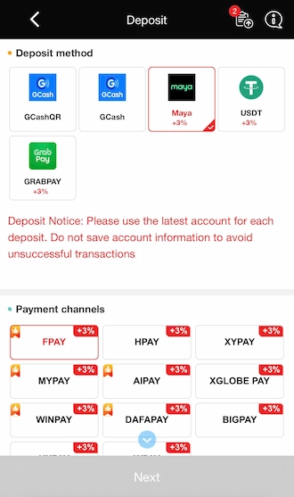 📌Step 1: Log in to the Deposit page and select PayMaya.